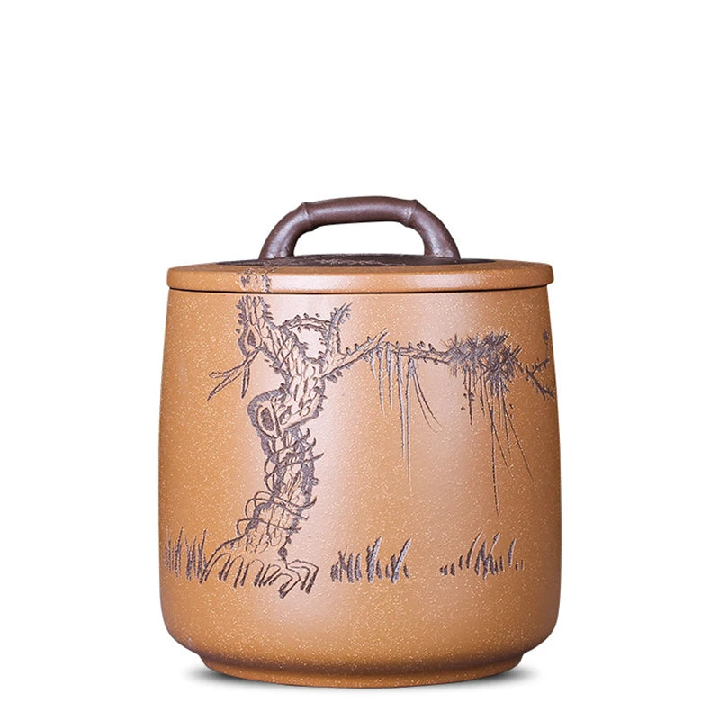Big Tea Canister For Pu'er Tea Cake Sealed Jar with Lid Hand Carved Bamboo Wintersweet Pinetree Storage For loose tea Large New