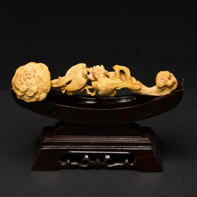 Birds and Flowers Ganoderma Ruyi Wood Carved Wishful Collection Decorations Feng Shui Ornaments Men Business Gift