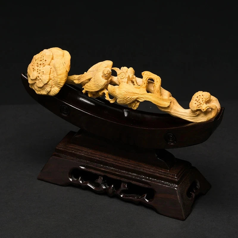 Birds and Flowers Ganoderma Ruyi Wood Carved Wishful Collection Decorations Feng Shui Ornaments Men Business Gift