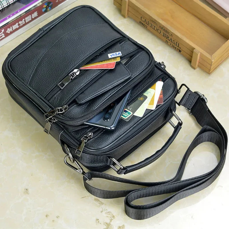 Black Double Zipper Handbags Small Men's Genuine Leather Shoulder for Tablet High Quality Messenger s Male Crossbody Bag