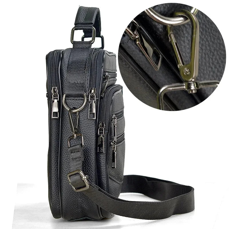Black Double Zipper Handbags Small Men's Genuine Leather Shoulder for Tablet High Quality Messenger s Male Crossbody Bag