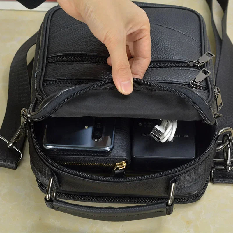 Black Double Zipper Handbags Small Men's Genuine Leather Shoulder for Tablet High Quality Messenger s Male Crossbody Bag