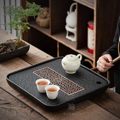 Black Gold Stone Tea Tray Household Modern Simple Ceramic Integrated Water Storage and Drainage Dual-Purpose Tea Table Dry Pou