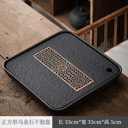 Black Gold Stone Tea Tray Household Modern Simple Ceramic Integrated Water Storage and Drainage Dual-Purpose Tea Table Dry Pou
