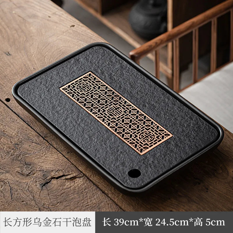 Black Gold Stone Tea Tray Household Modern Simple Ceramic Integrated Water Storage and Drainage Dual-Purpose Tea Table Dry Pou