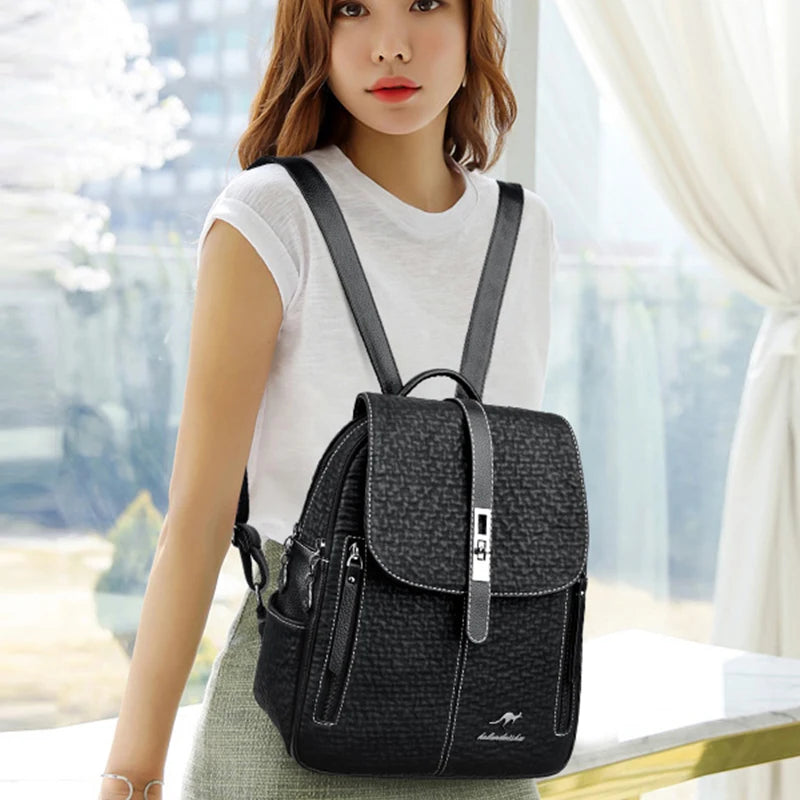 Black Large Capacity SchoolBag For Teenager Girl's Multifunction Casual Women's Designer Backpacks Fashion PU Leather Backpack
