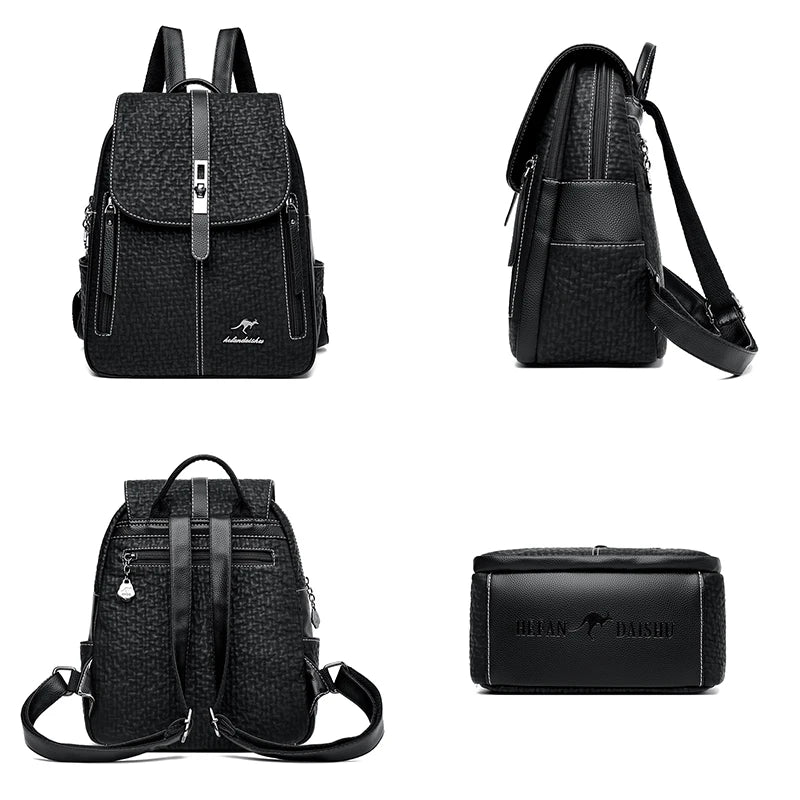 Black Large Capacity SchoolBag For Teenager Girl's Multifunction Casual Women's Designer Backpacks Fashion PU Leather Backpack