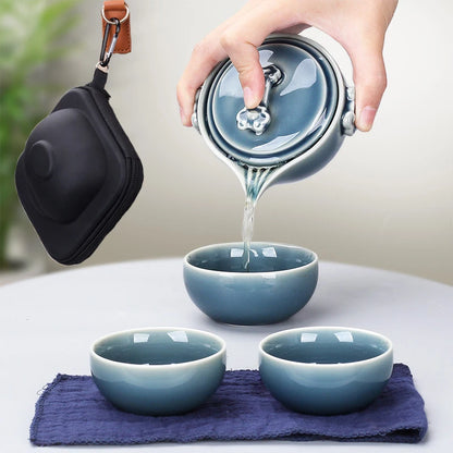Black Pottery One Pot Three Cups Tea Sets Portable Travel Home Office Cups Ceramic Tea Coffee Container With Bag Free shipping