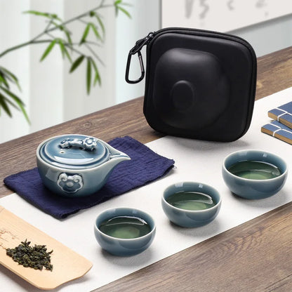Black Pottery One Pot Three Cups Tea Sets Portable Travel Home Office Cups Ceramic Tea Coffee Container With Bag Free shipping