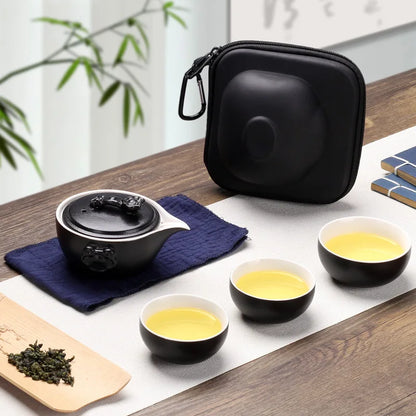 Black Pottery One Pot Three Cups Tea Sets Portable Travel Home Office Cups Ceramic Tea Coffee Container With Bag Free shipping