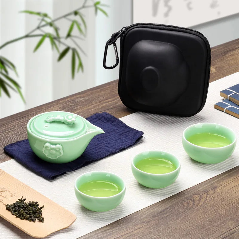 Black Pottery One Pot Three Cups Tea Sets Portable Travel Home Office Cups Ceramic Tea Coffee Container With Bag Free shipping