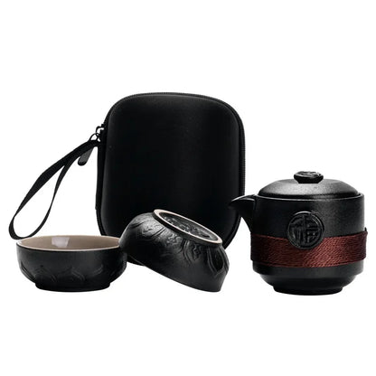 Black Pottery Portable Travel Tea Set Incule 1pcs Teapot 2pcs 1Bag Gaiwan Cups and Mugs Coffeeware Teaware Green Tea Cup Sets