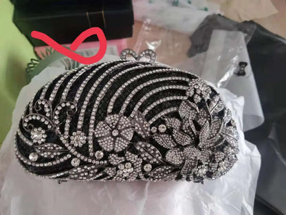 Black Rhinestone Hollow Out Flower Woman Diamond Clutch Evening Purse Wedding Bridal Floral Dinner Bag Party Crystal Handbag