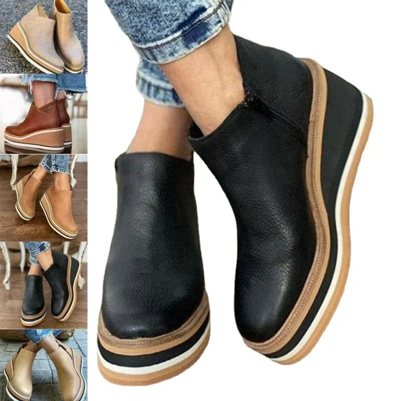 Black Rubber Ankle Women High Leather Shoe Wedge Heel Short Round Booties Trend Barrel Plus Platform Brown Heels Size Toe Boots