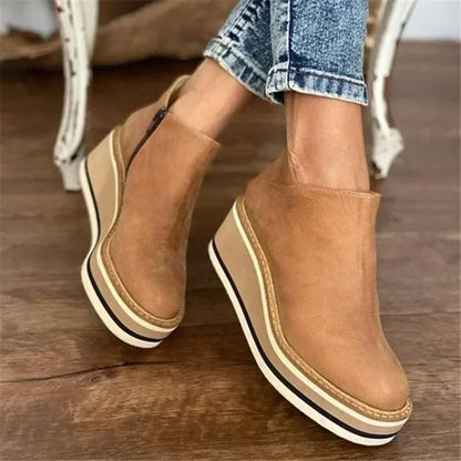 Black Rubber Ankle Women High Leather Shoe Wedge Heel Short Round Booties Trend Barrel Plus Platform Brown Heels Size Toe Boots