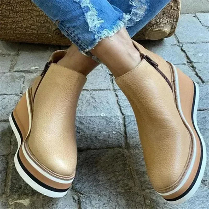 Black Rubber Ankle Women High Leather Shoe Wedge Heel Short Round Booties Trend Barrel Plus Platform Brown Heels Size Toe Boots