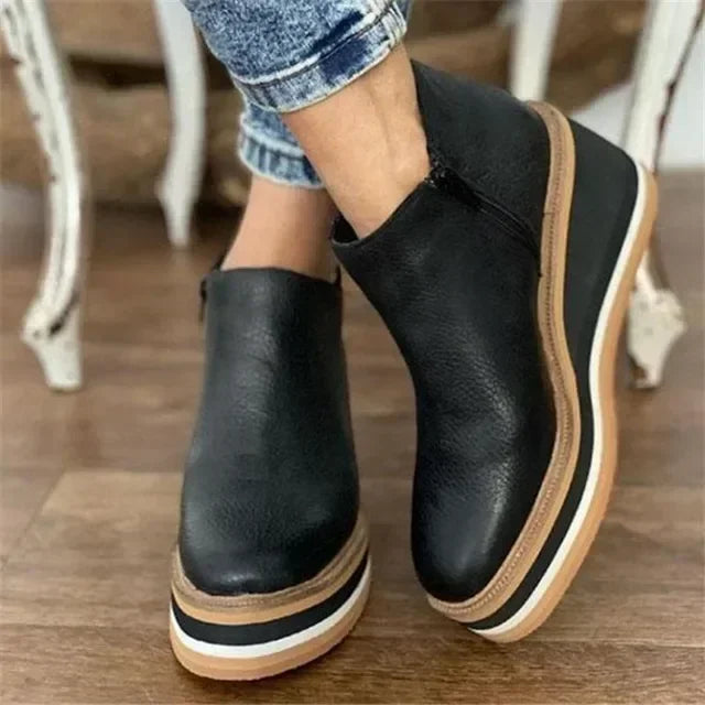 Black Rubber Ankle Women High Leather Shoe Wedge Heel Short Round Booties Trend Barrel Plus Platform Brown Heels Size Toe Boots
