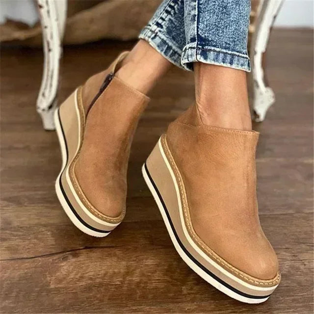 Black Rubber Ankle Women High Leather Shoe Wedge Heel Short Round Booties Trend Barrel Plus Platform Brown Heels Size Toe Boots