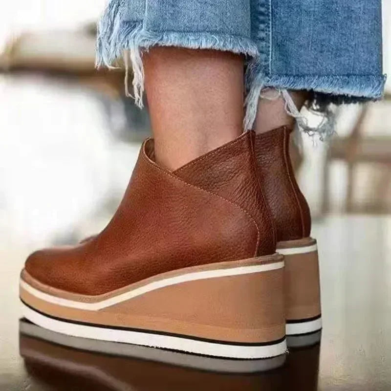 Black Rubber Ankle Women High Leather Shoe Wedge Heel Short Round Booties Trend Barrel Plus Platform Brown Heels Size Toe Boots