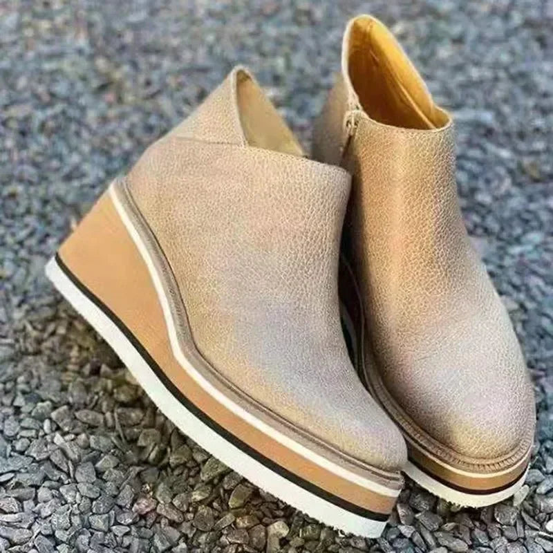 Black Rubber Ankle Women High Leather Shoe Wedge Heel Short Round Booties Trend Barrel Plus Platform Brown Heels Size Toe Boots