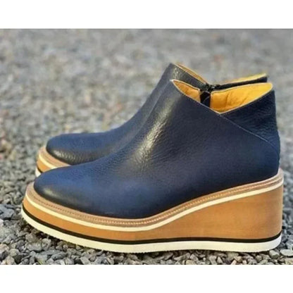 Black Rubber Ankle Women High Leather Shoe Wedge Heel Short Round Booties Trend Barrel Plus Platform Brown Heels Size Toe Boots