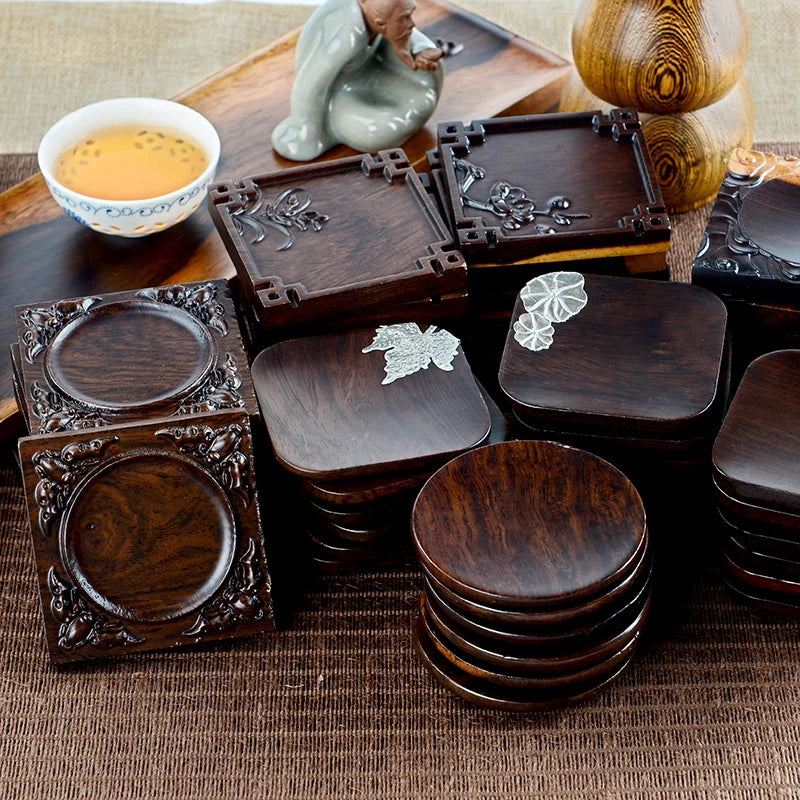 Black Sandalwood Solid Wood Tea Mat Circular Square Tea Bowl Coaster Chinese Six Gentlemen Kungfu Tea Set Accessories