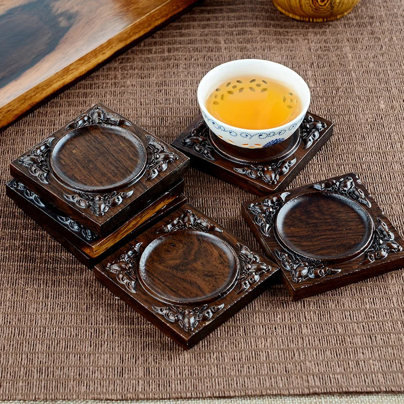 Black Sandalwood Solid Wood Tea Mat Circular Square Tea Bowl Coaster Chinese Six Gentlemen Kungfu Tea Set Accessories