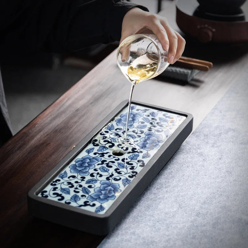 Black Stone Dry Pour Stone Tea Tray Small Stoneware Blue and White Porcelain Embedded Water Storage Tea Table Rectangular