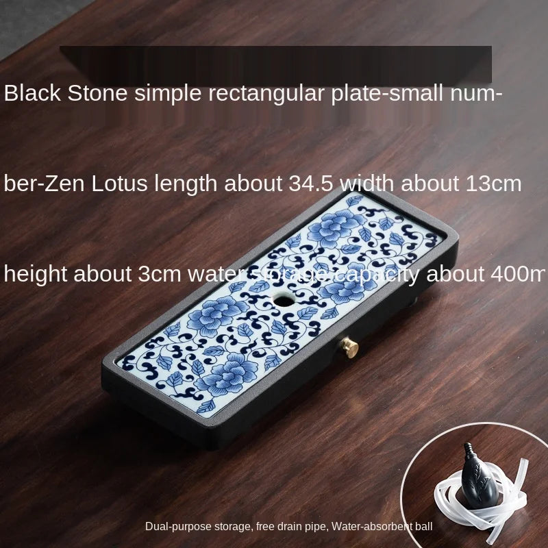 Black Stone Dry Pour Stone Tea Tray Small Stoneware Blue and White Porcelain Embedded Water Storage Tea Table Rectangular
