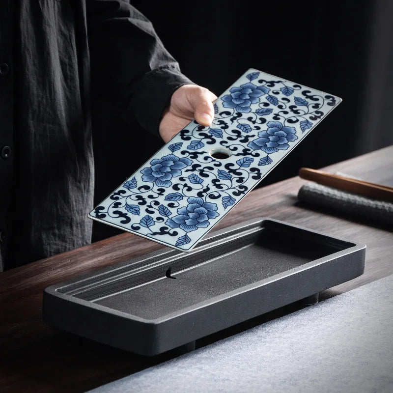 Black Stone Dry Pour Stone Tea Tray Small Stoneware Blue and White Porcelain Embedded Water Storage Tea Table Rectangular