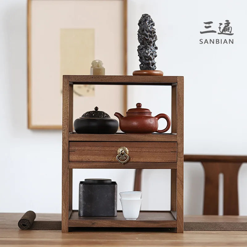 Black Walnut Solid Wood Pu'er Tea Caddy Multi-Layer Storage Brick Tea Storage Box Tea Service Plate Tea Shelf Chinese Decorati