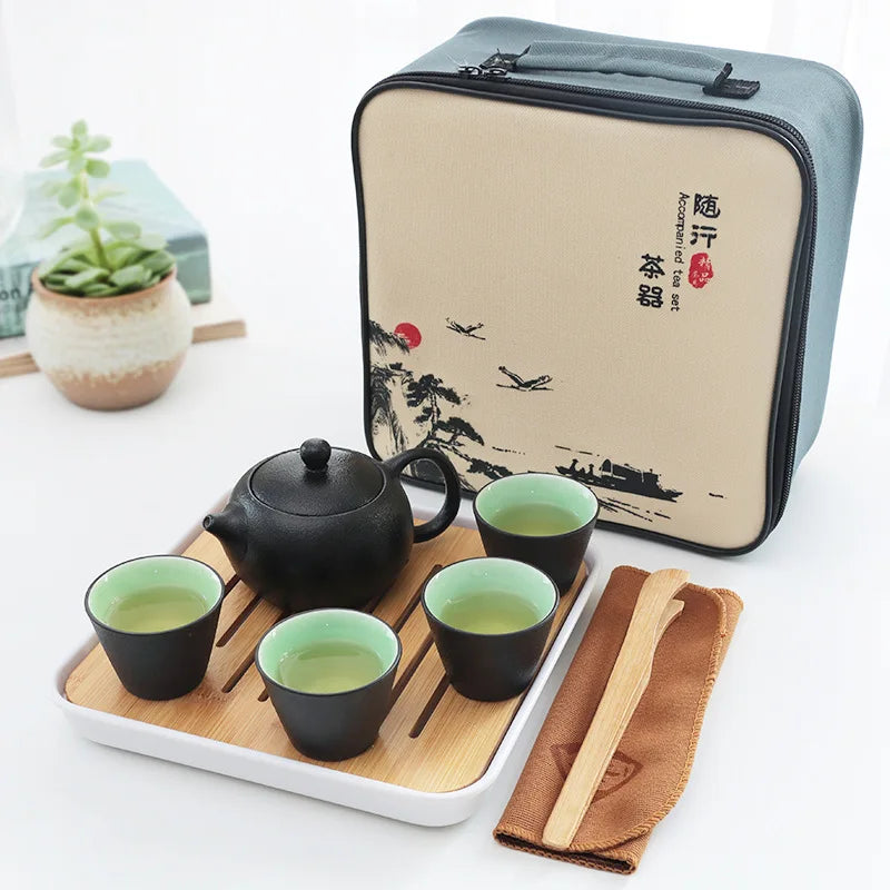 Black pottery tea set cup Portable travel teaware sets kung fu tea Japanese style mug gaiwan cup outdoor with bag teapot kettle