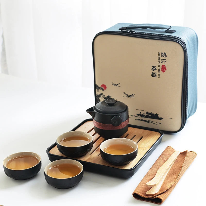Black pottery tea set cup Portable travel teaware sets kung fu tea Japanese style mug gaiwan cup outdoor with bag teapot kettle