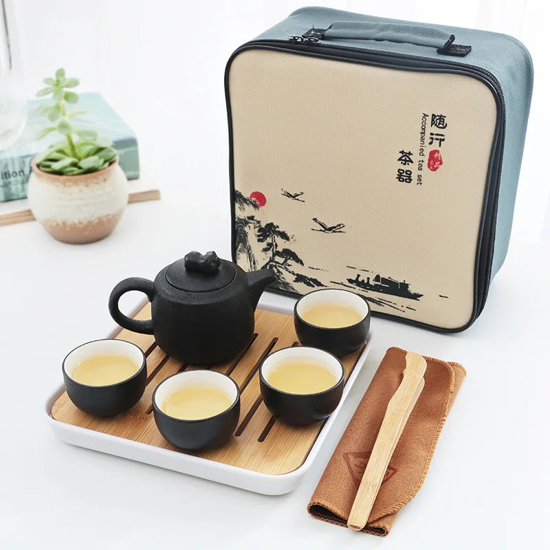 Black pottery tea set cup Portable travel teaware sets kung fu tea Japanese style mug gaiwan cup outdoor with bag teapot kettle