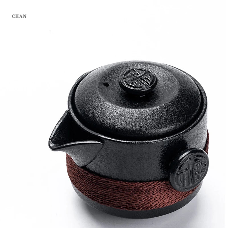 Black pottery tea set cup Portable travel teaware sets kung fu tea Japanese style mug gaiwan cup outdoor with bag teapot kettle