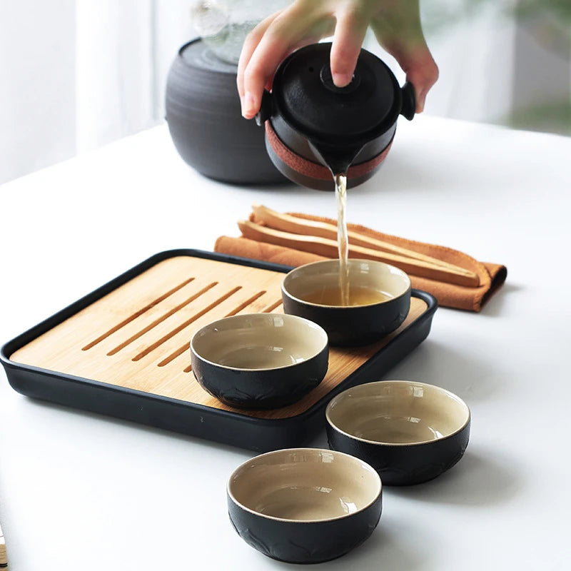 Black pottery tea set cup Portable travel teaware sets kung fu tea Japanese style mug gaiwan cup outdoor with bag teapot kettle