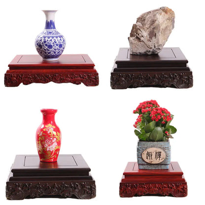 Black sandalwood rectangular square base with carved vases, bonsai Buddha statue decorations, jade, solid wood brackets