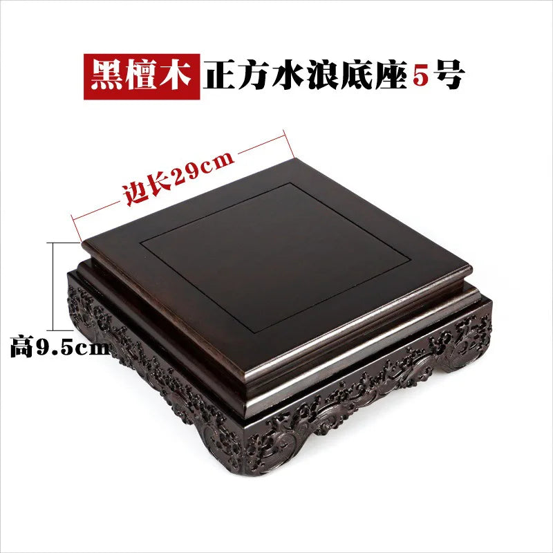 Black sandalwood rectangular square base with carved vases, bonsai Buddha statue decorations, jade, solid wood brackets