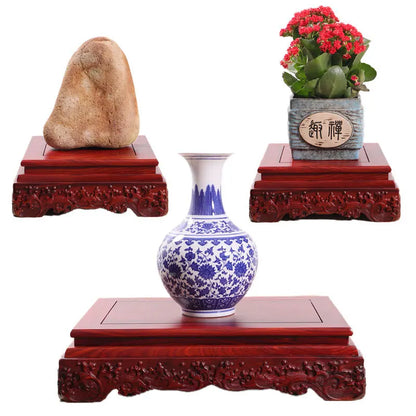 Black sandalwood rectangular square base with carved vases, bonsai Buddha statue decorations, jade, solid wood brackets