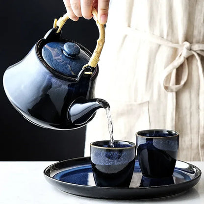 Blue Cat Eye Design Teapot Chinese Traditional Ceramic Tea Cup Afternoon Tea Drinkware Set Home Decor Teaware