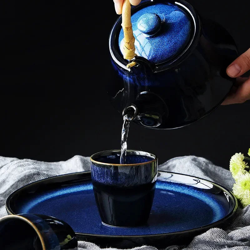 Blue Cat Eye Design Teapot Chinese Traditional Ceramic Tea Cup Afternoon Tea Drinkware Set Home Decor Teaware