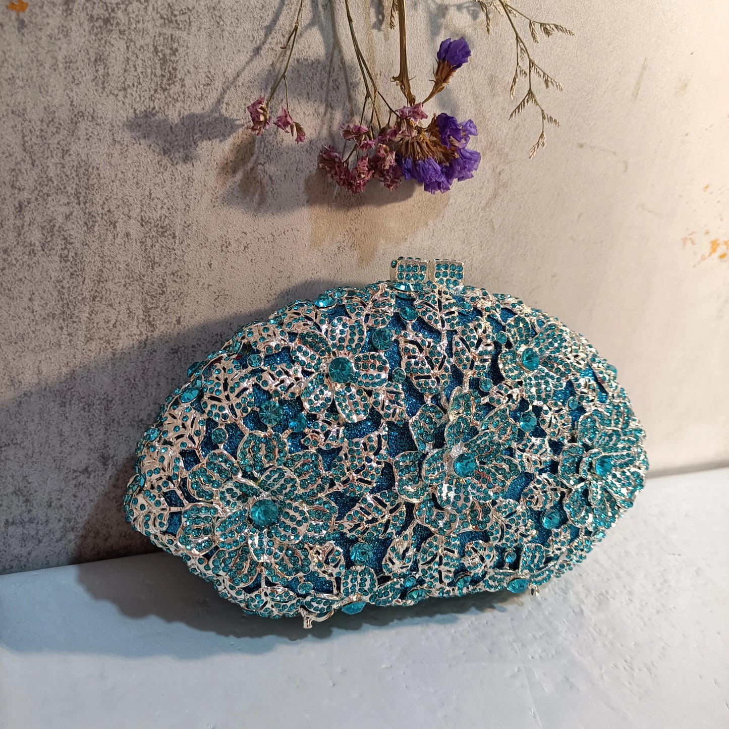 Blue Flower Shinny Crystal Floral Purse Woman Formal Dinner Bling Diamond Gala Evening Bag Wedding Bridal Party Gift Handbag