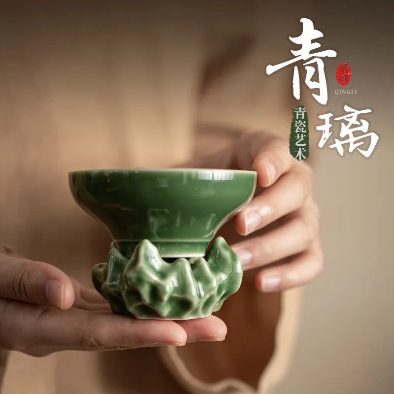 Blue Glaze Dried Stone Filter Set Japanese Style Ceramic Tea Funnel Tea Filter Stainless Steel Tea Strainer Tea Compartment