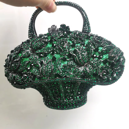 Blue Green Silver AB Flower Basket Woman Clutches Crystal Wedding Party Evening Purse Bag Diamond Bridal Birthday Dinner Handbag