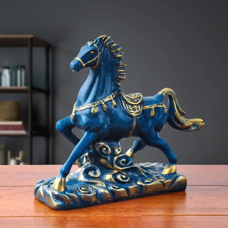 Blue Horse Statue Resin Sculpture Home Decor Animal Figurines Ornaments Living Room Home Office Desktop Decoration Crafts