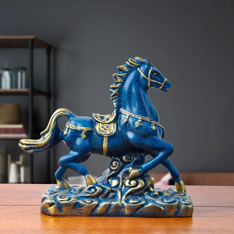 Blue Horse Statue Resin Sculpture Home Decor Animal Figurines Ornaments Living Room Home Office Desktop Decoration Crafts