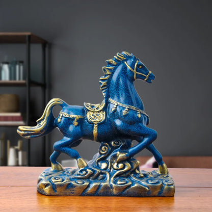 Blue Horse Statue Resin Sculpture Home Decor Animal Figurines Ornaments Living Room Home Office Desktop Decoration Crafts