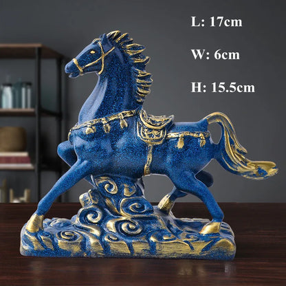 Blue Horse Statue Resin Sculpture Home Decor Animal Figurines Ornaments Living Room Home Office Desktop Decoration Crafts