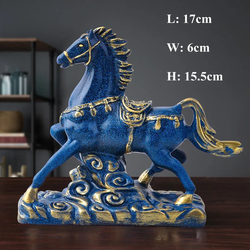 Blue Horse Statue Resin Sculpture Home Decor Animal Figurines Ornaments Living Room Home Office Desktop Decoration Crafts