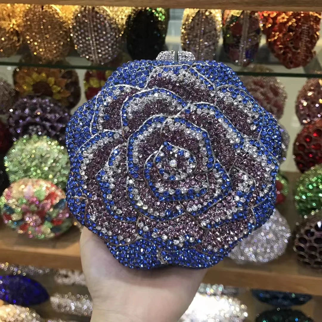 Blue Pink Red Silver Diamond Dinner Handbags Woman Flower Crystal Banquet Gala Evening Bags Wedding Party Floral Birthday Purses